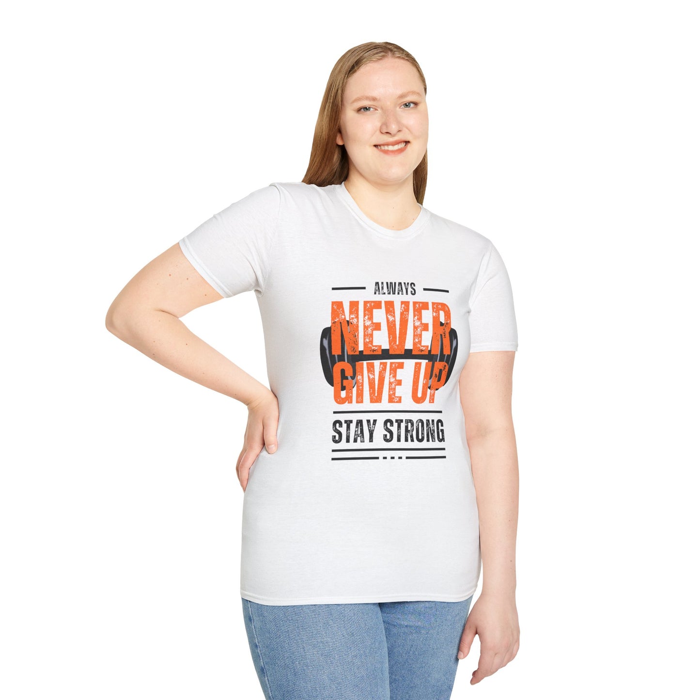 Never Give Up Motivational T-Shirt - Unisex Softstyle Tee for Fitness Enthusiasts