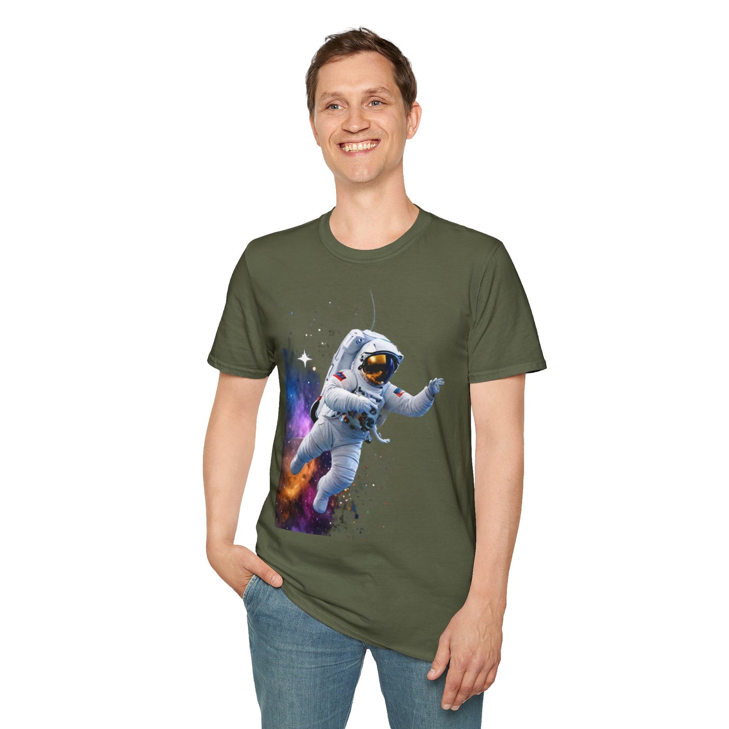 Cosmic Explorer Unisex Softstyle T-Shirt - Astronaut in Space Design