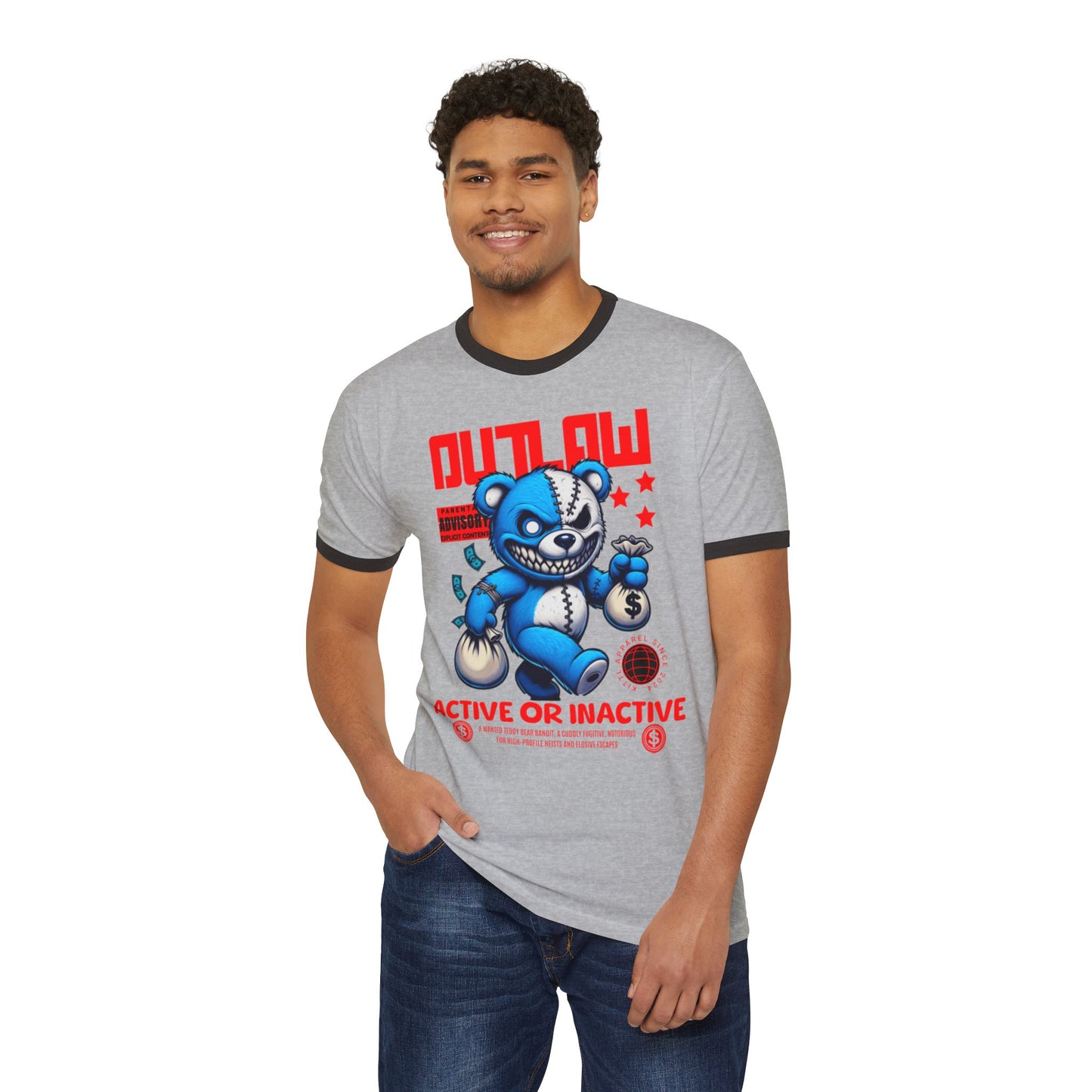 Unisex Cotton Ringer T-Shirt - Outlaw Bear Graphic Tee - Active or Inactive