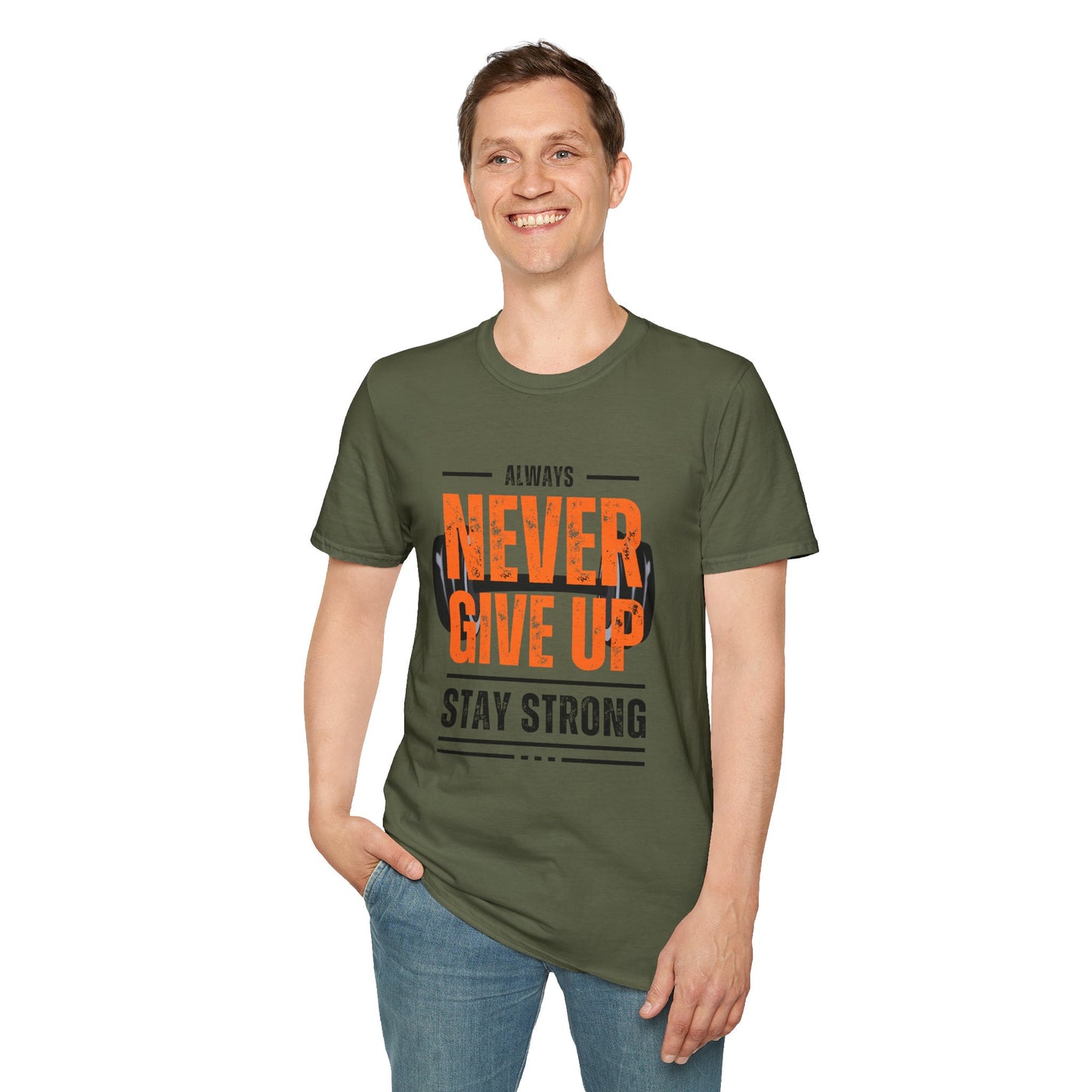 Never Give Up Motivational T-Shirt - Unisex Softstyle Tee for Fitness Enthusiasts