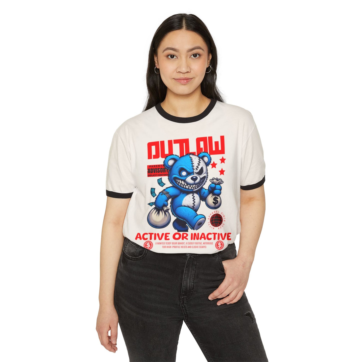 Unisex Cotton Ringer T-Shirt - Outlaw Bear Graphic Tee - Active or Inactive