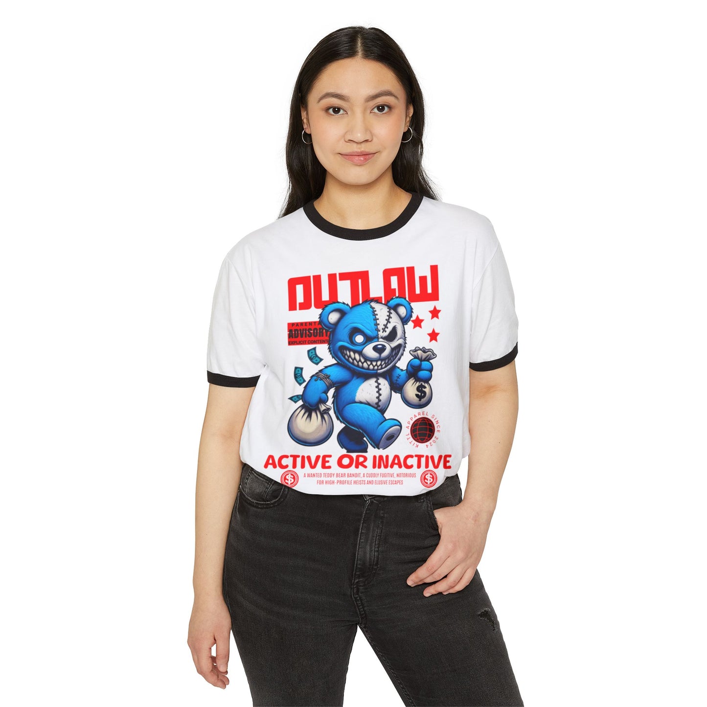 Unisex Cotton Ringer T-Shirt - Outlaw Bear Graphic Tee - Active or Inactive