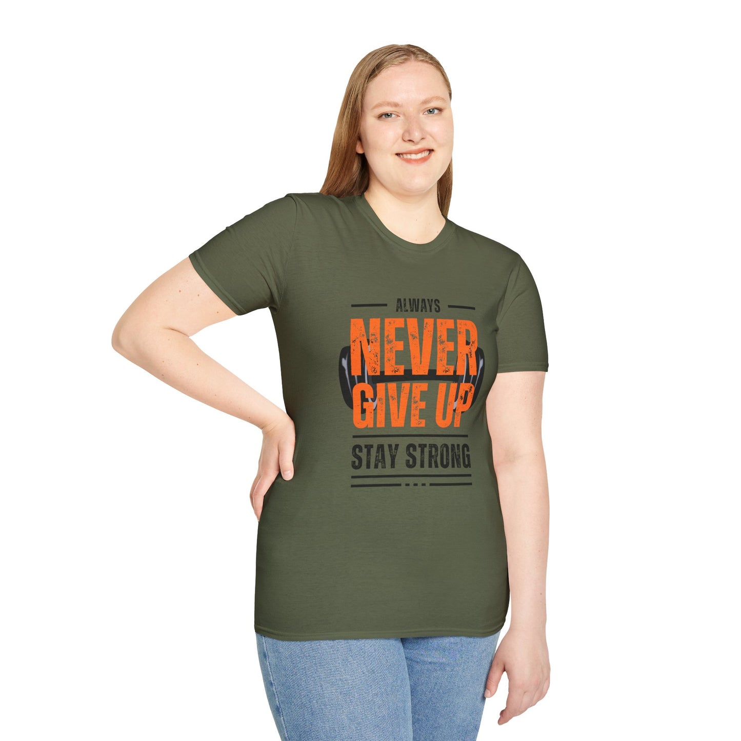Never Give Up Motivational T-Shirt - Unisex Softstyle Tee for Fitness Enthusiasts