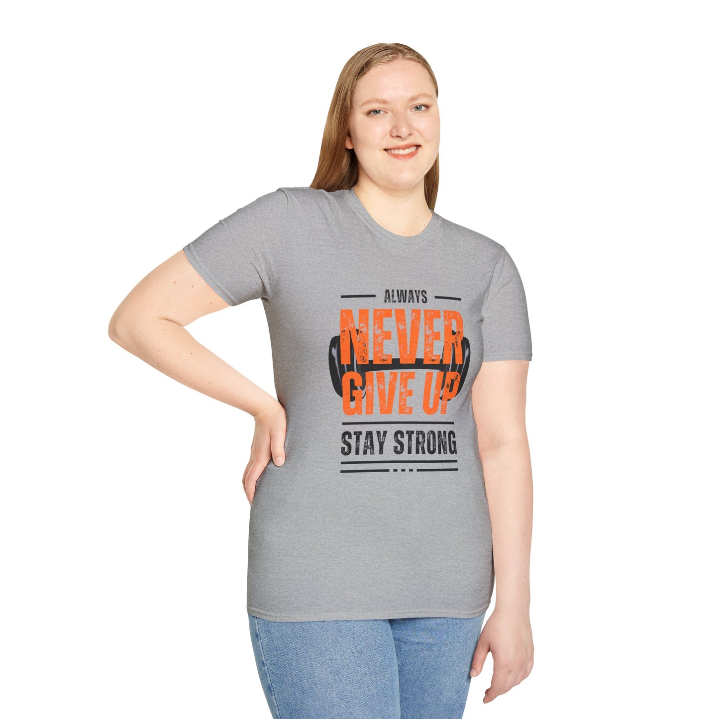 Never Give Up Motivational T-Shirt - Unisex Softstyle Tee for Fitness Enthusiasts