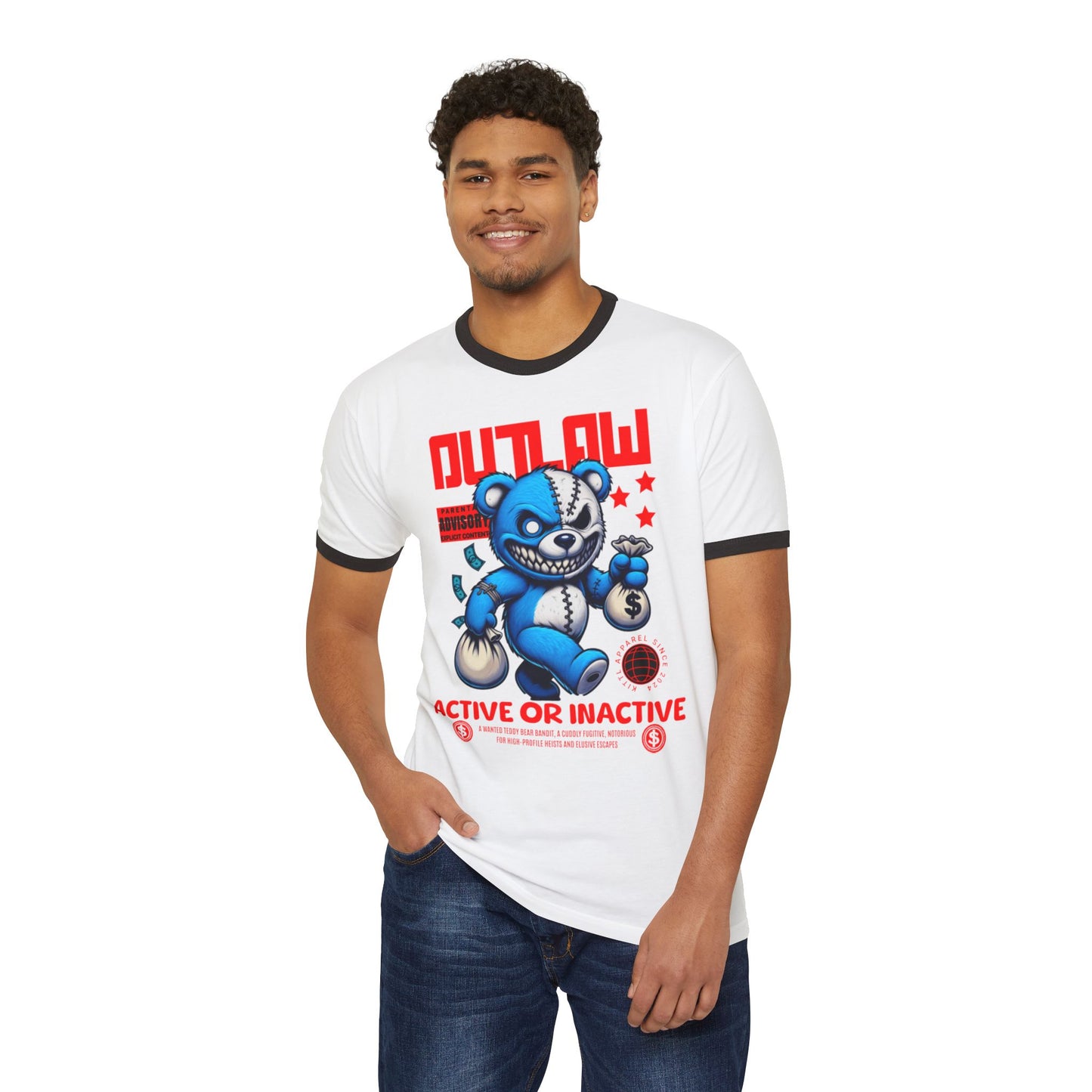 Unisex Cotton Ringer T-Shirt - Outlaw Bear Graphic Tee - Active or Inactive