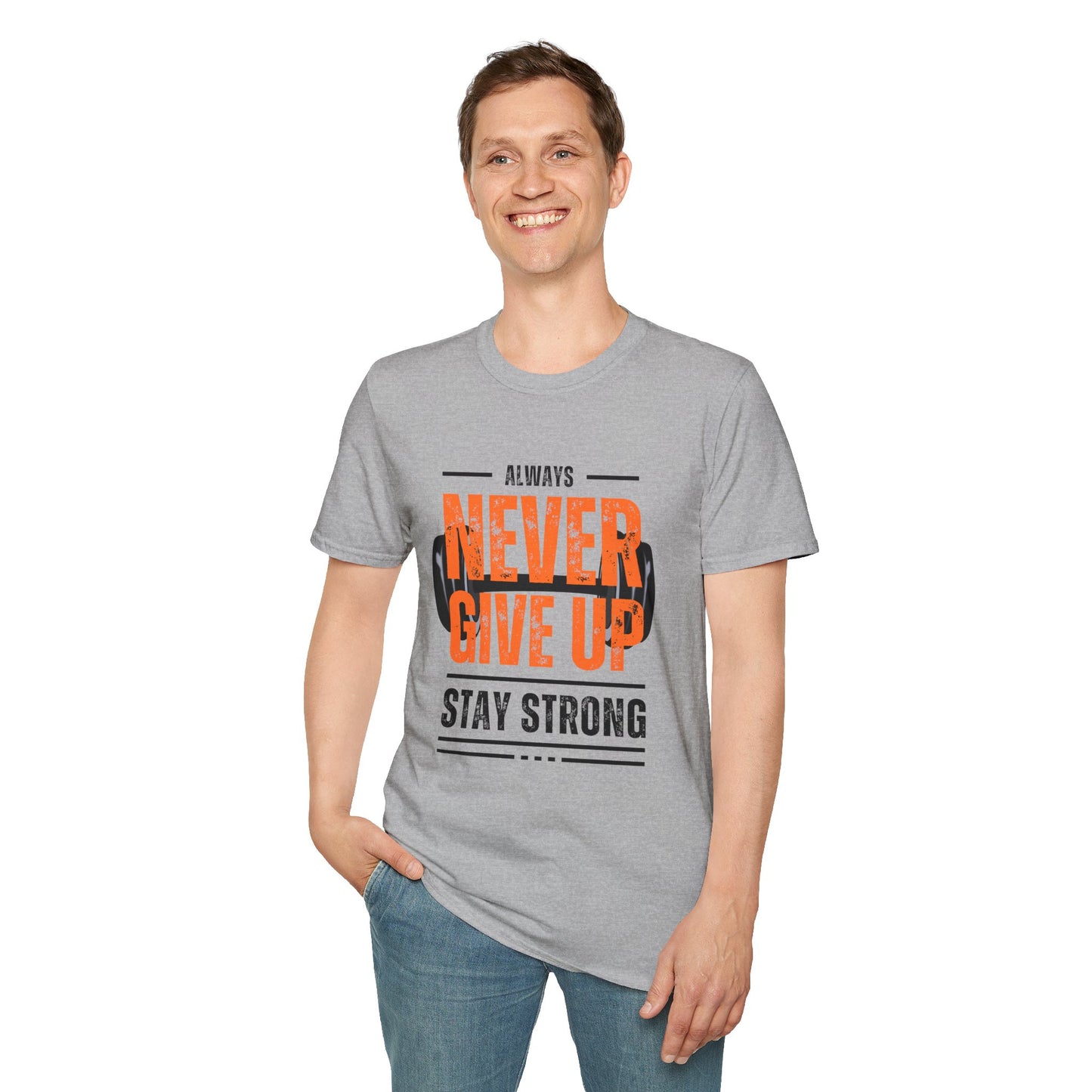 Never Give Up Motivational T-Shirt - Unisex Softstyle Tee for Fitness Enthusiasts