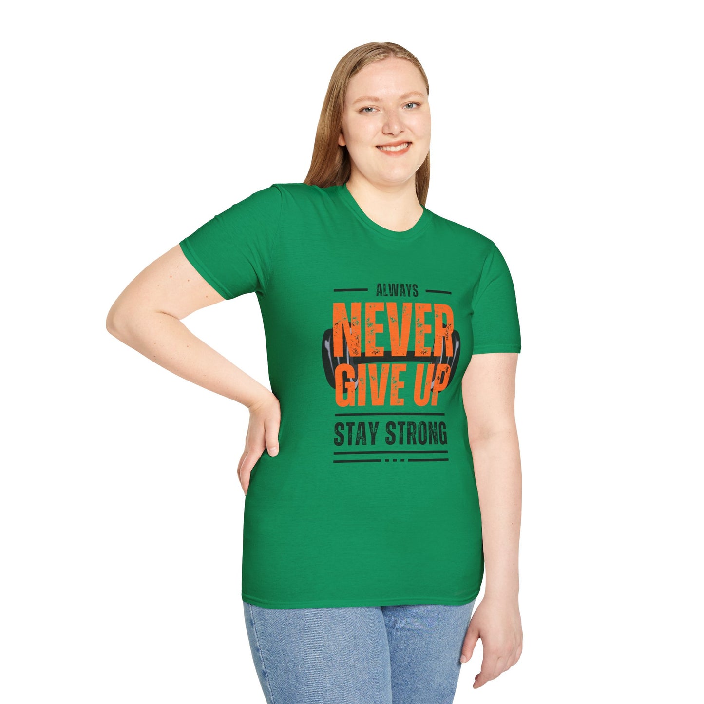 Never Give Up Motivational T-Shirt - Unisex Softstyle Tee for Fitness Enthusiasts