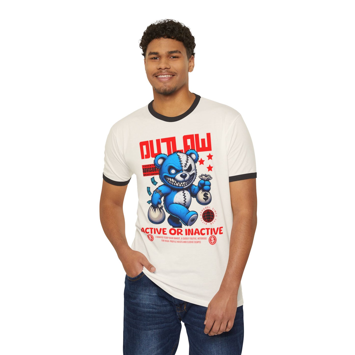 Unisex Cotton Ringer T-Shirt - Outlaw Bear Graphic Tee - Active or Inactive