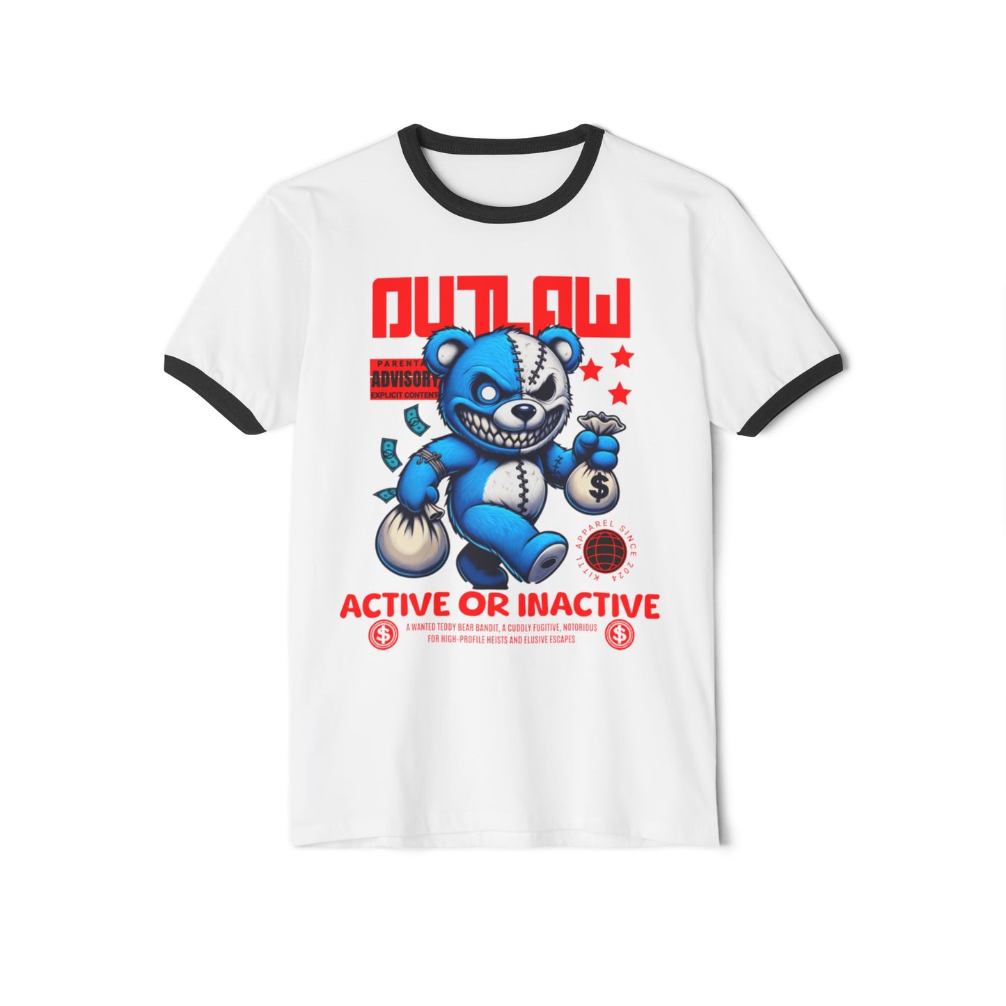 Unisex Cotton Ringer T-Shirt - Outlaw Bear Graphic Tee - Active or Inactive