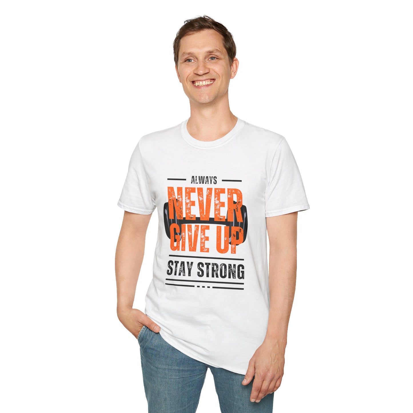 Never Give Up Motivational T-Shirt - Unisex Softstyle Tee for Fitness Enthusiasts