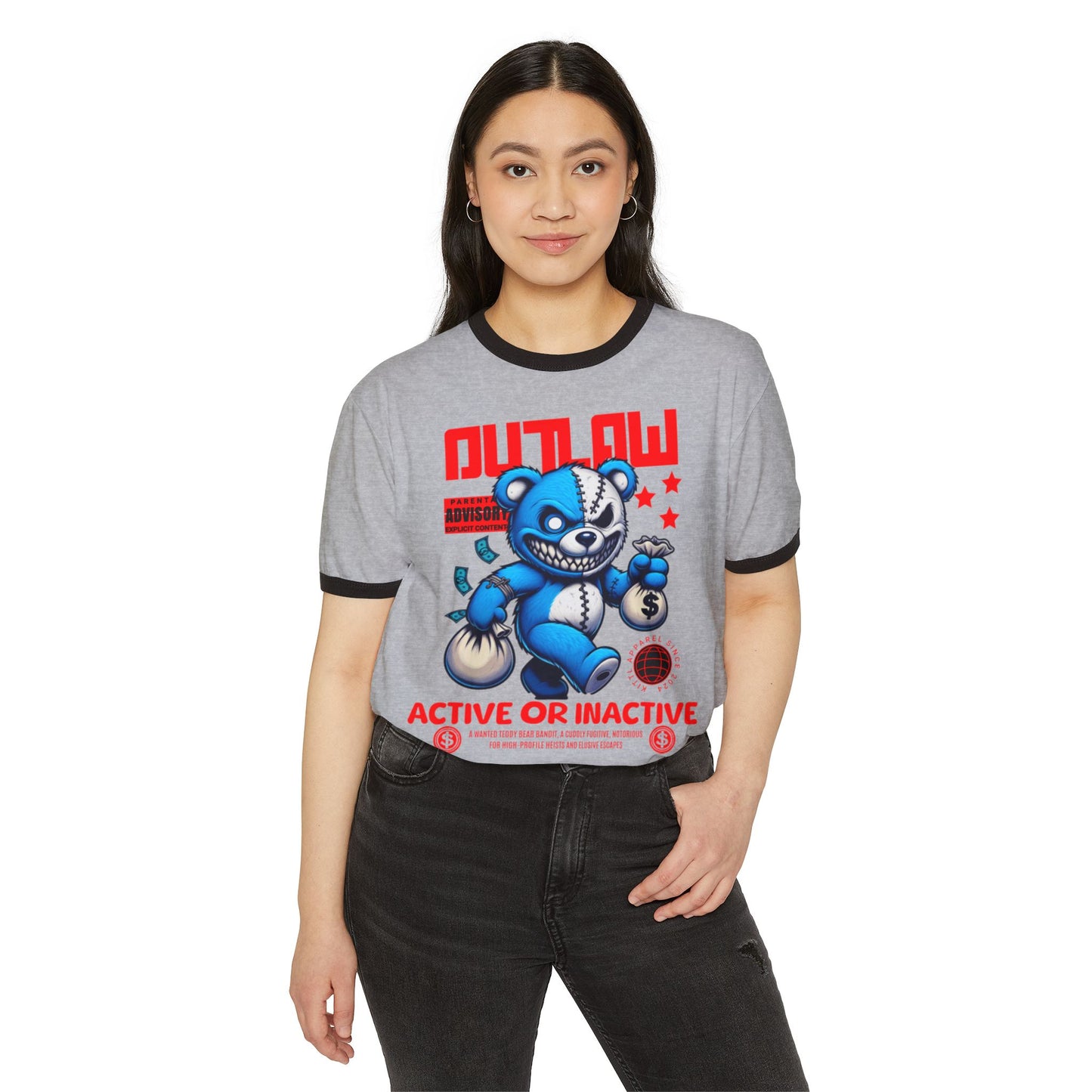 Unisex Cotton Ringer T-Shirt - Outlaw Bear Graphic Tee - Active or Inactive