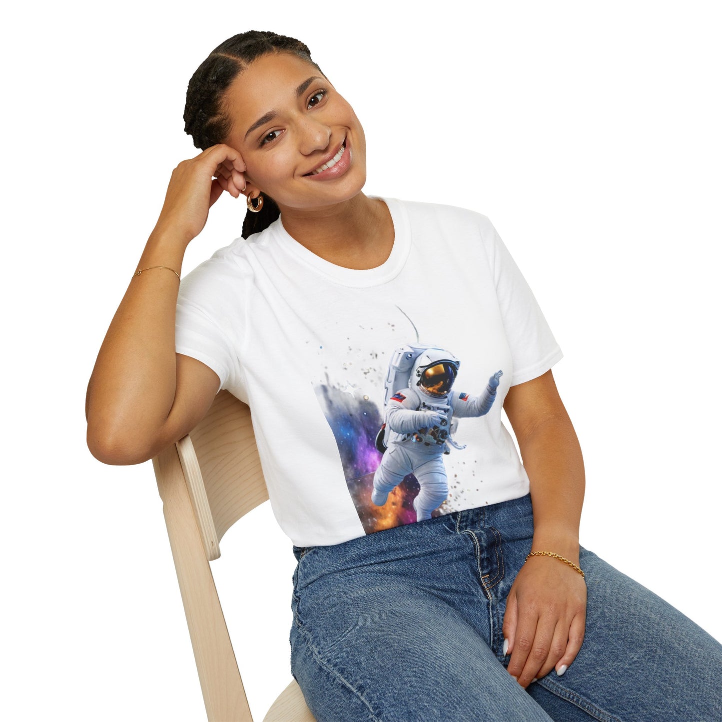 Cosmic Explorer Unisex Softstyle T-Shirt - Astronaut in Space Design