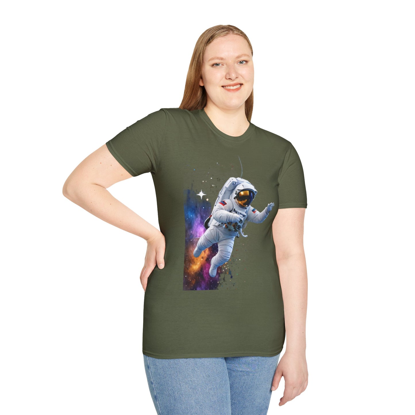 Cosmic Explorer Unisex Softstyle T-Shirt - Astronaut in Space Design