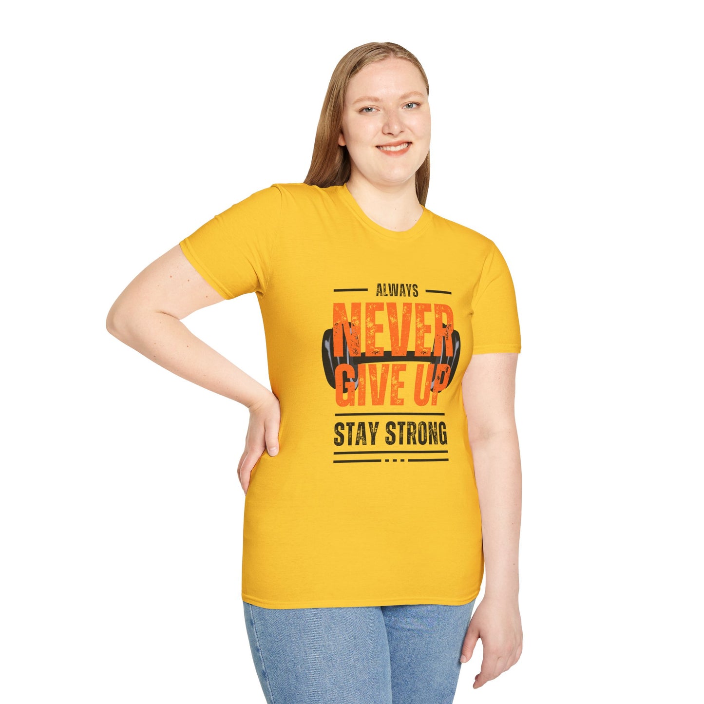 Never Give Up Motivational T-Shirt - Unisex Softstyle Tee for Fitness Enthusiasts